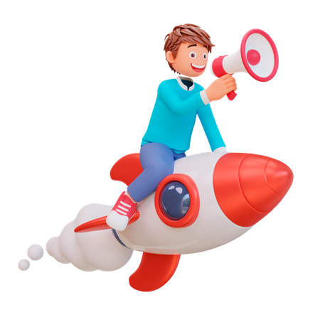 Student flying on rocket  3D Illustration