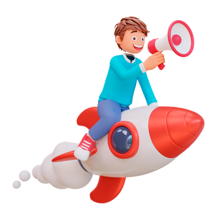 Student flying on rocket 3D Illustration