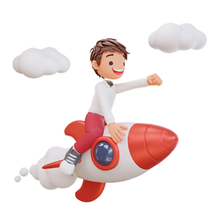Student flying on rocket  3D Illustration