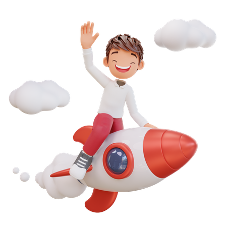 Student flying on rocket  3D Illustration