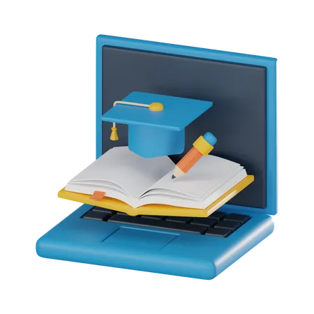 Education Digital Books Laptop And Graduation Hat Symbolize Online Learning Creating Dynamic Space For Academic Success And Achievements 3 D Render Illustration 3D Icon