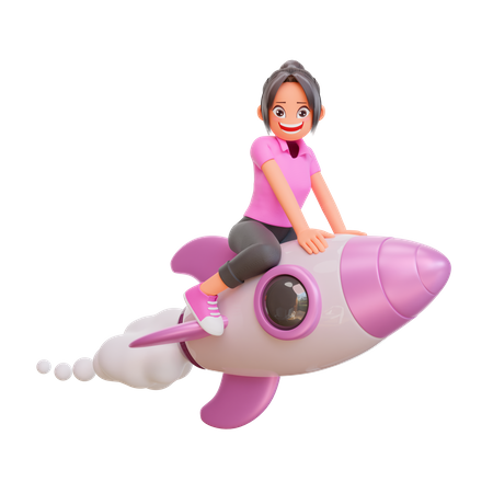 Student girl flying on rocket 3D Illustration