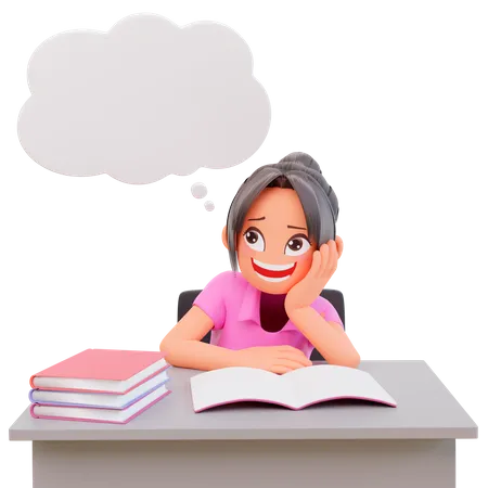 Student girl thinking something while study on desk  3D Illustration