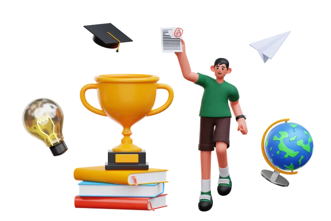 Student holding Exam marksheet  3D Illustration