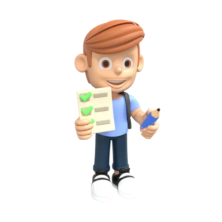 Student holding exam paper  3D Illustration