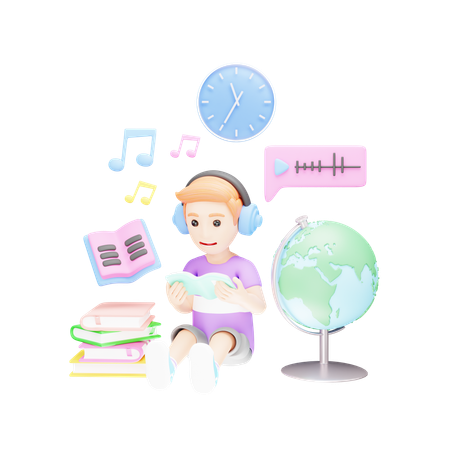 Student is learning and playing songs on headphones  3D Illustration