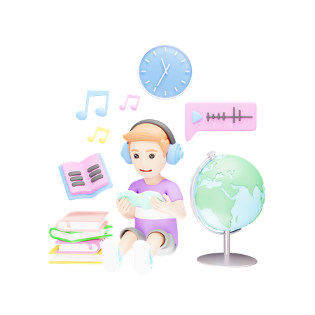 Student is learning and playing songs on headphones  3D Icon