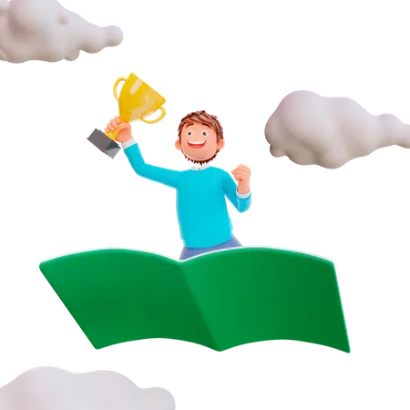 Student riding a book holding a trophy 3D Illustration