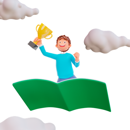 Student riding a book holding a trophy  3D Illustration