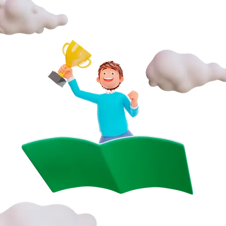 Student riding a book holding a trophy  3D Illustration