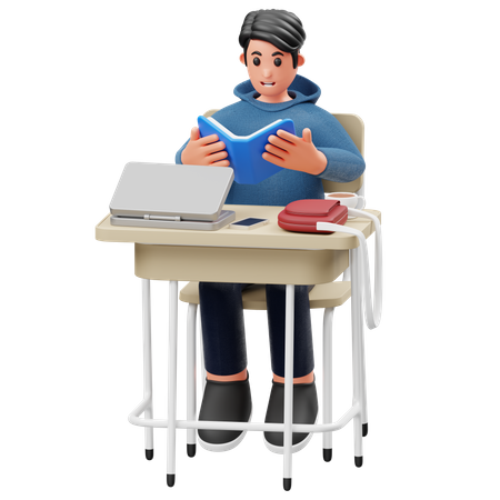 Der Student sitzt und liest ein Buch  3D Illustration