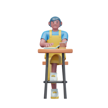 カフェで勉強する学生  3D Illustration