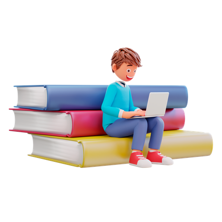 Student studying on laptop while sitting on big books  3D Illustration