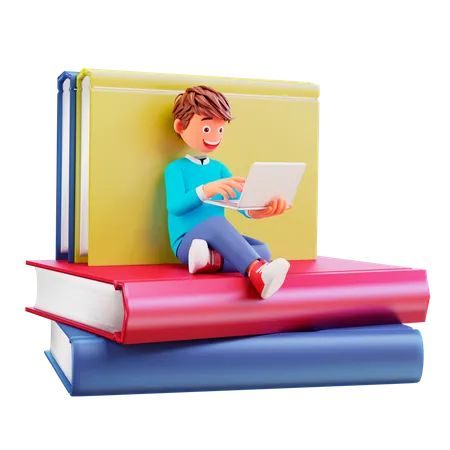 Student studying on laptop while sitting on big books  3D Illustration