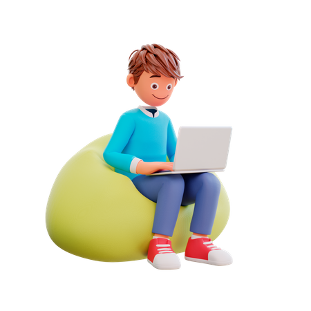 Student studying on laptop while sitting on bean bag 3D Illustration