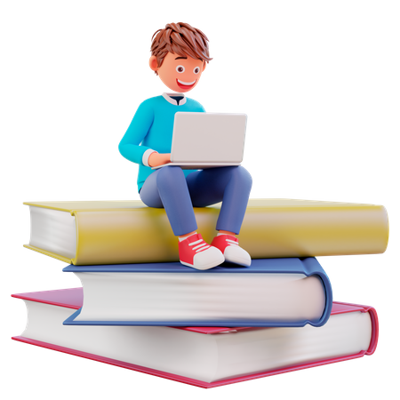 Student studying on laptop while sitting on big books  3D Illustration