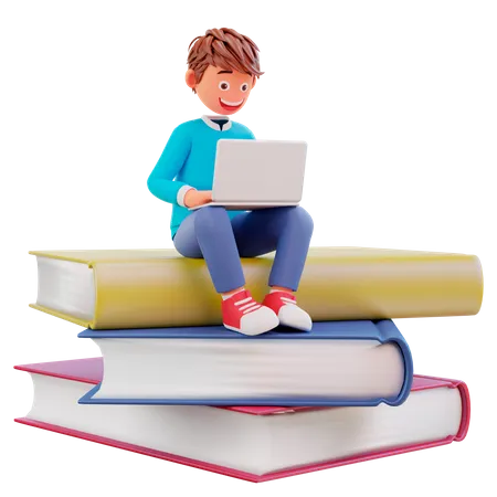 Student studying on laptop while sitting on big books 3D Illustration