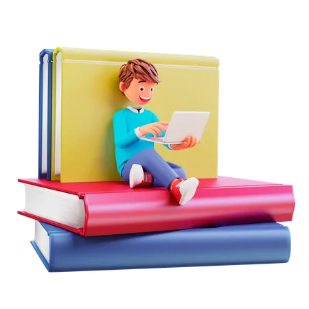 Student studying on laptop while sitting on big books 3D Illustration