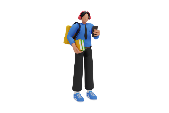 Students holding books and mobile phones going tovschool  3D Illustration