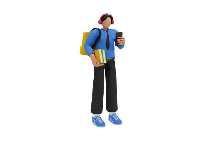 Students holding books and mobile phones going tovschool 3D Illustration