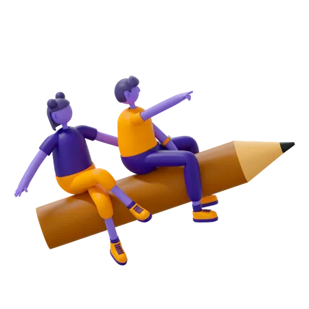 Students riding on pencil 3D Illustration