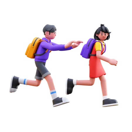 Students Running Fro Getting Late For School  3D Illustration
