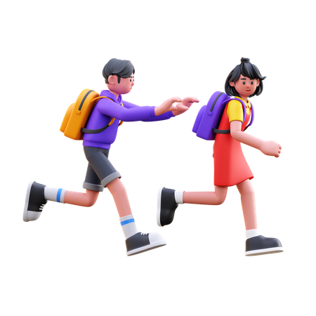 Students Running Fro Getting Late For School  3D Illustration