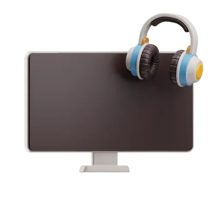 Stylish Monitor with Over-Ear Headphones  3D Icon