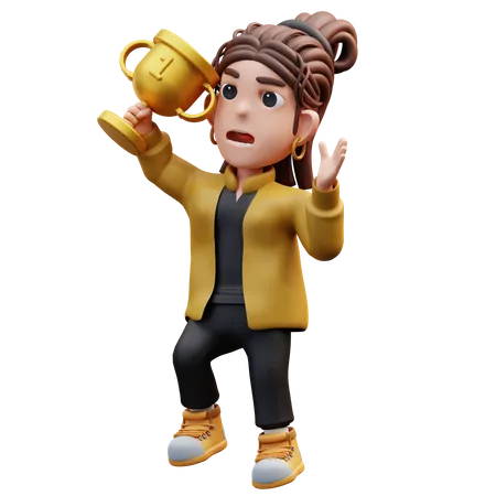 Stylist Girl Jumping Happily Holding Trophy  3D Illustration