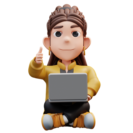 Stylist Girl Sitting Holding Laptop And Thumbs Up  3D Icon