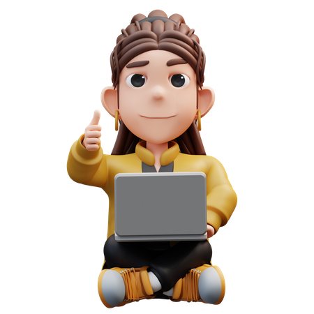 Stylist Girl Sitting Holding Laptop And Thumbs Up  3D Illustration