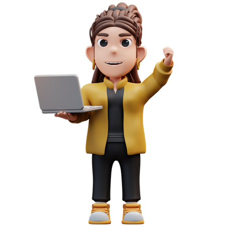 Stylist Girl Standing Happily And Holding Laptop  3D Illustration