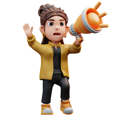 Stylist Girl Standing Holding Megaphone Promotion  3D Icon
