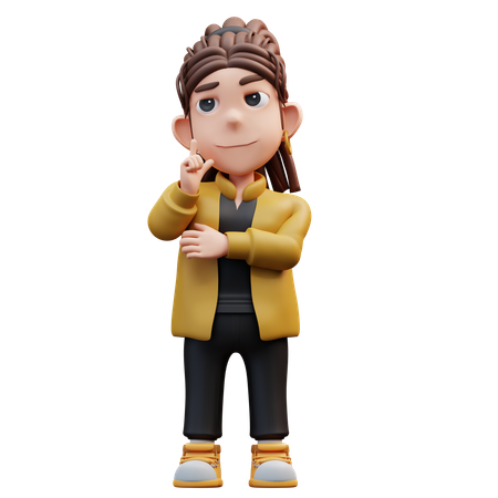 Stylist Girl Standing With Thinking Gesture  3D Icon