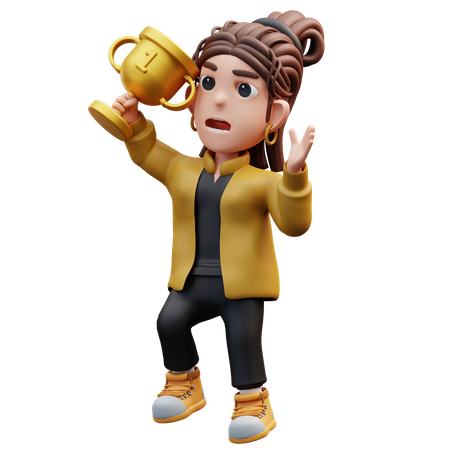 Stylistin Mädchen springt glücklich mit Trophäe  3D Icon