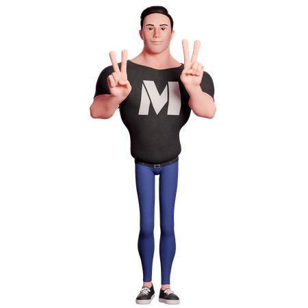 Stylized Man Doing Peace Hand Gesture With Both Hands  3D Illustration