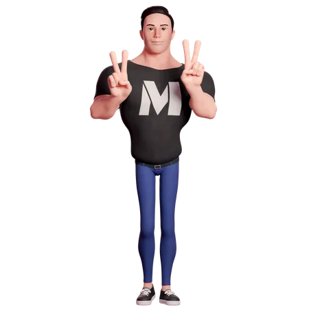 Stylized Man Doing Peace Hand Gesture With Both Hands  3D Illustration