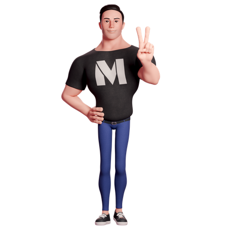 Stylized Man Doing Peace Hand Gesture With Left Hand  3D Illustration