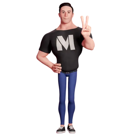 Stylized Man Doing Peace Hand Gesture With Left Hand  3D Illustration