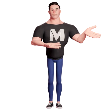 Stylized Man Doing Presenting Hand Gesture To Left Side With Both Hands  3D Illustration