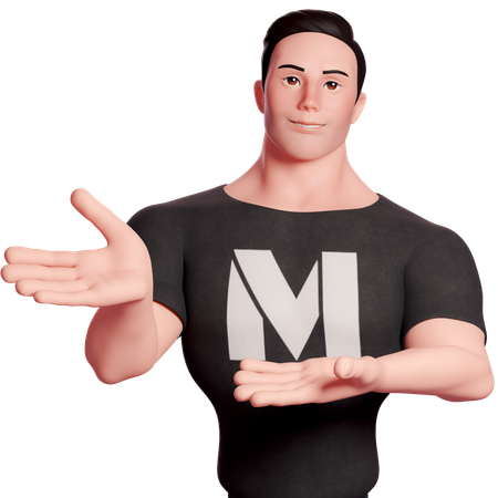 Stylized Man Doing Presenting Hand Gesture To Right Side With Both Hands  3D Illustration