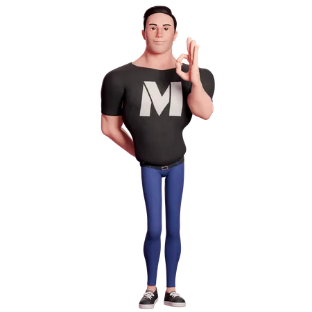 Stylized Man Showing Ok Hand Gesture With Left Hand  3D Illustration