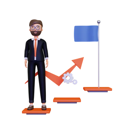 3 D Progress Illustration With A Male Businessman Character And Ladder Of Success 3D Illustration