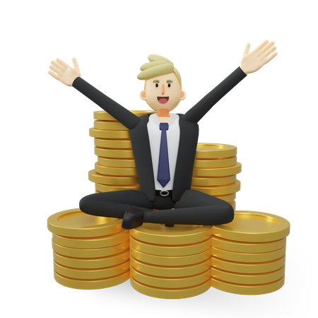 Success businessman sitting on stack of golden coin  3D Illustration