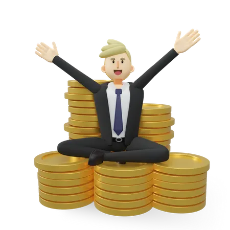 Success businessman sitting on stack of golden coin  3D Illustration