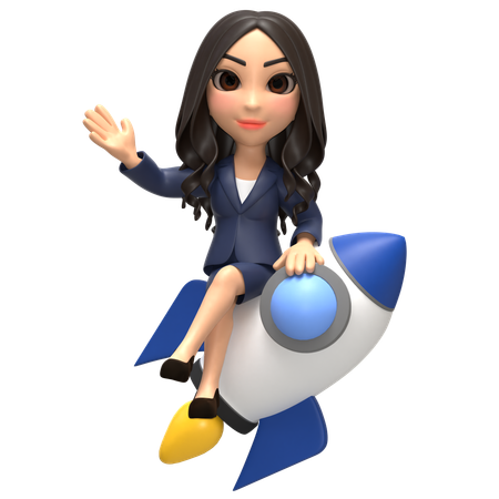 Successful Business Girl In Rocket  3D Illustration