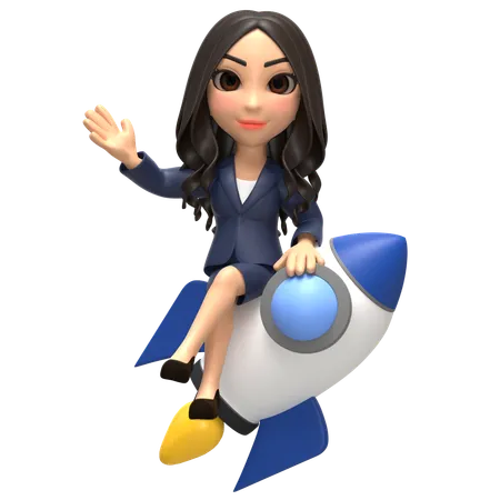 Successful Business Girl In Rocket  3D Illustration