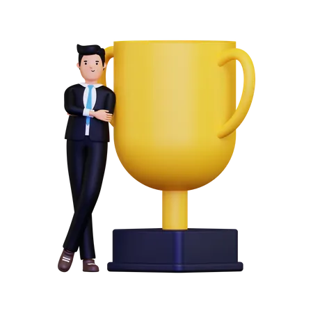 Businessman Leans Beside The Trophy 3D Illustration