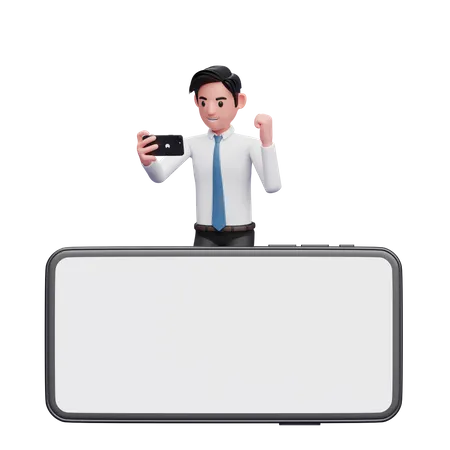 Successful businessman celebrating and standing behind big landscape mobile phone  3D Illustration