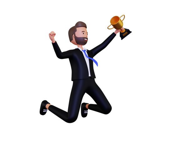 Successful Businessman Celebration With trophy  3D Icon